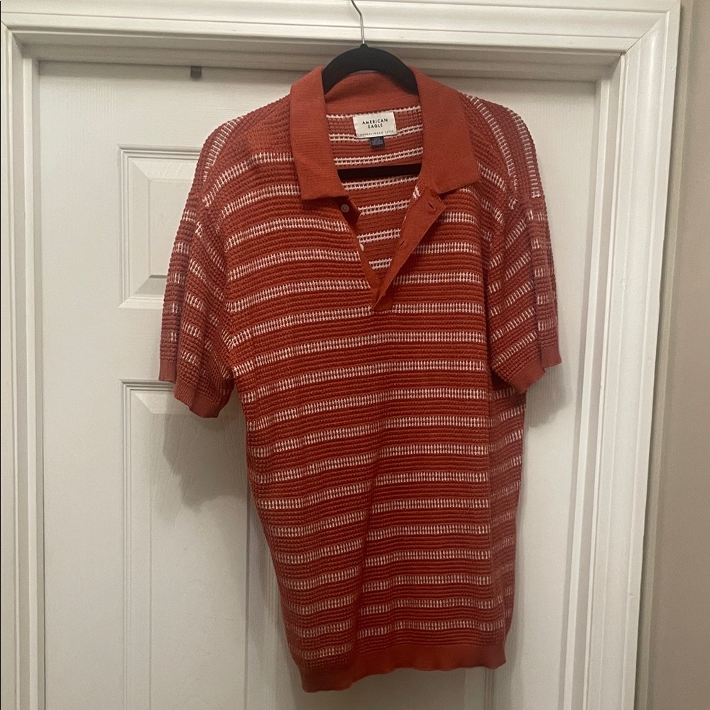 American Eagle Outfitters Orange Striped Polo Shirt, waffle pattern